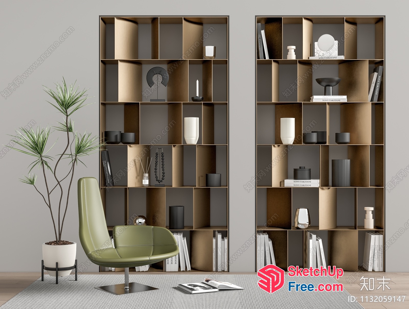 Minimalist Modern Living Room Interior With Bookcases And Armchair 3D SketchUp File