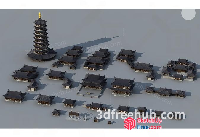 Asian-Inspired Temple Complex 3D SketchUp File