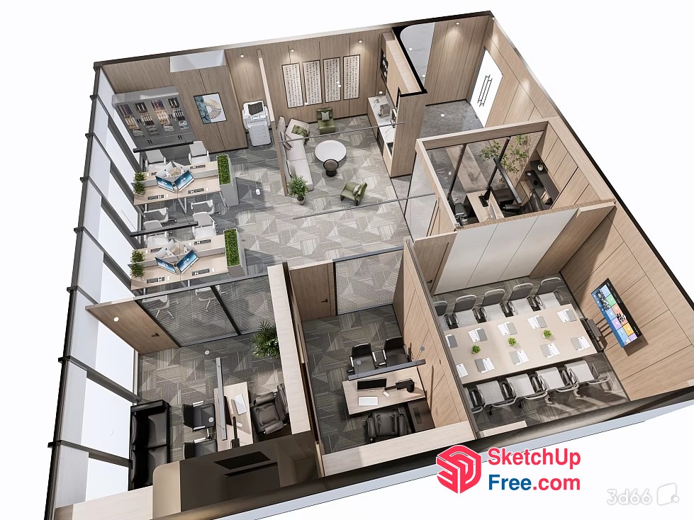 Modern Office Space Design With Natural Wood Accents 3D SketchUp File