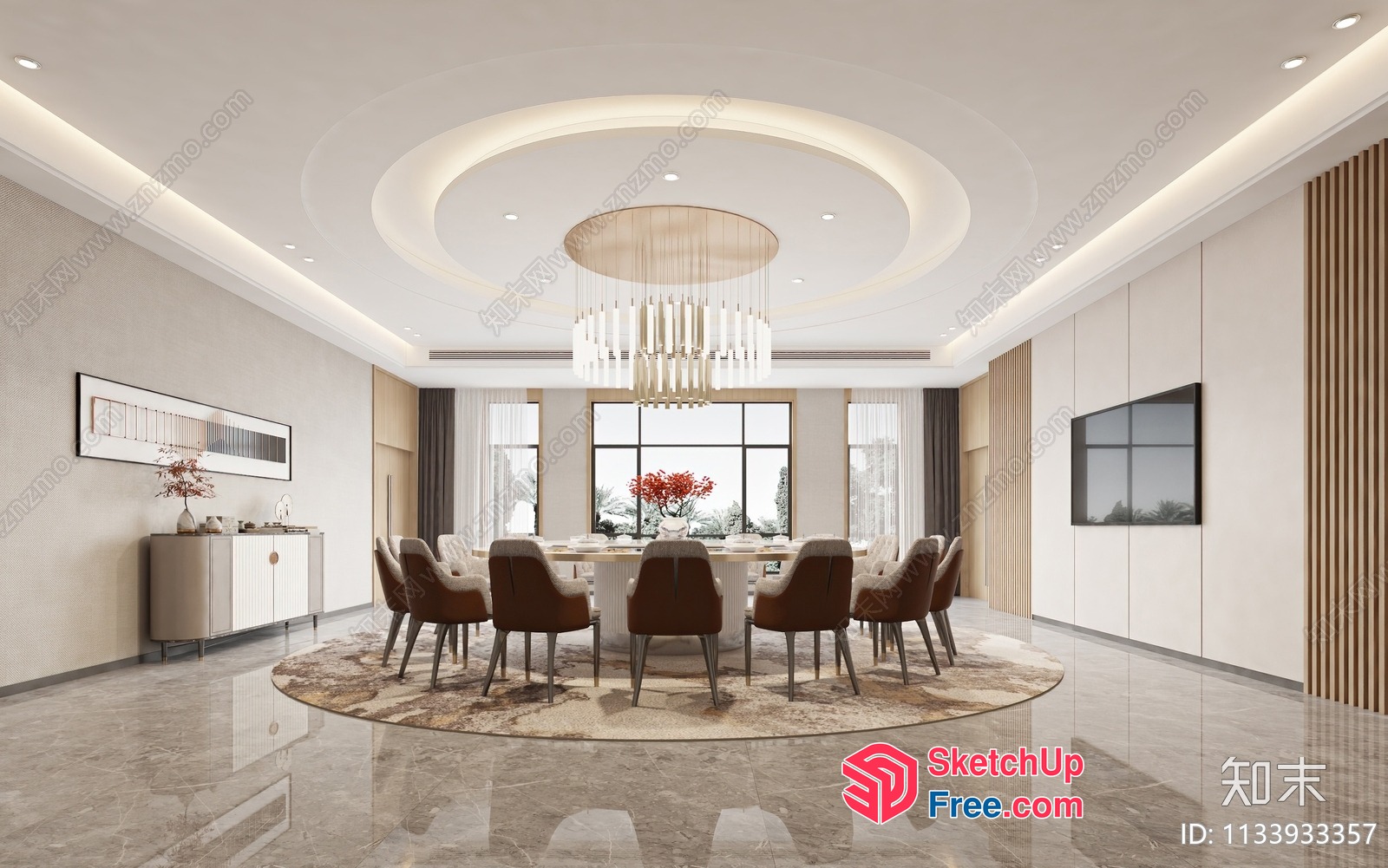 Elegant Dining Room With Large Table And Chandelier 3D SketchUp File