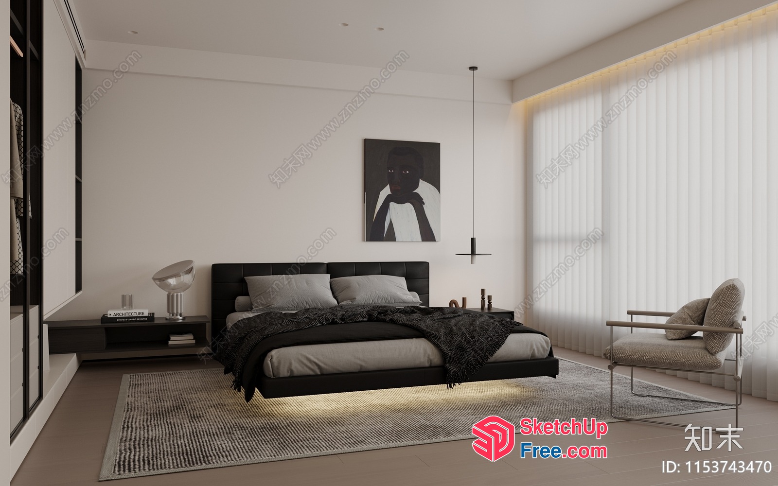 Monochromatic Modern Bedroom With Sleek Furniture 3D SketchUp File