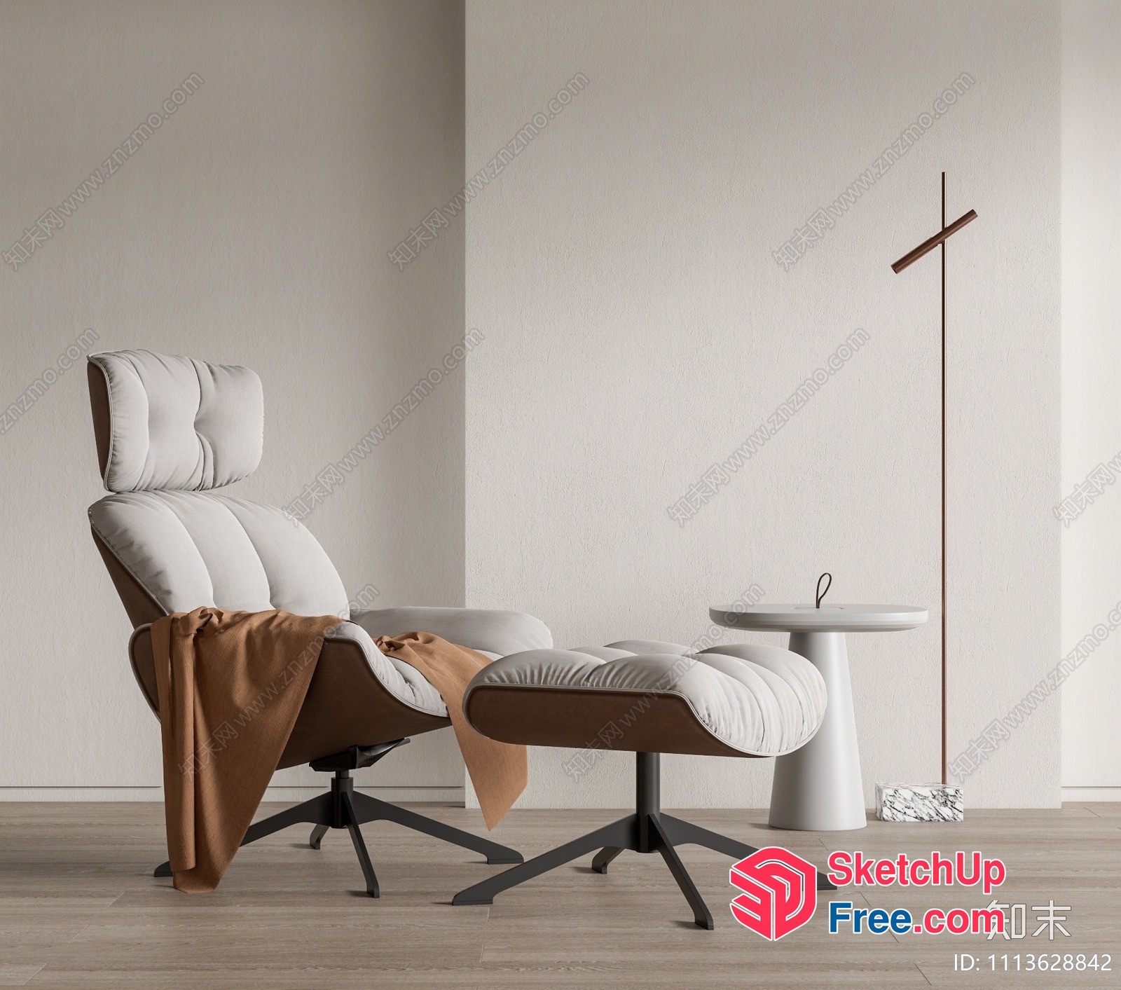 Modern Minimalist White And Brown Chair With Matching Ottoman 3D SketchUp File