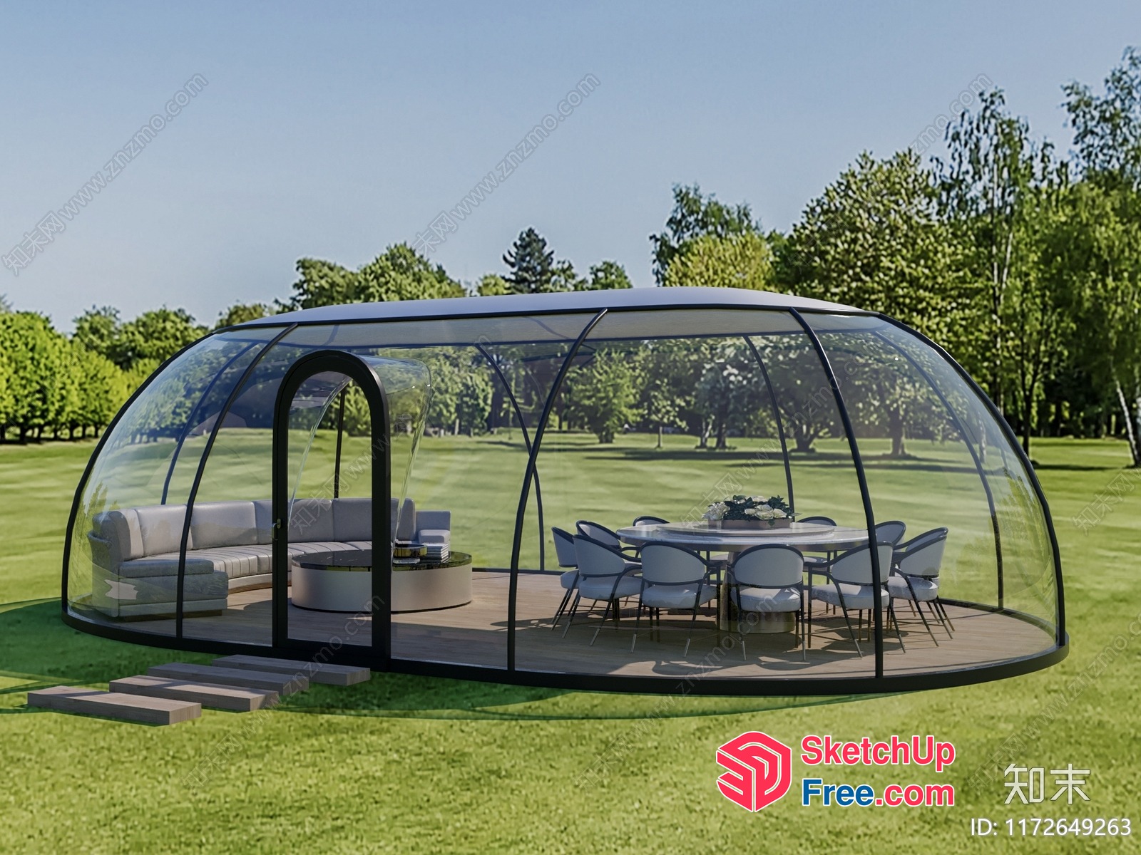 Transparent Glass Dome Outdoor Dining Area 3D SketchUp File