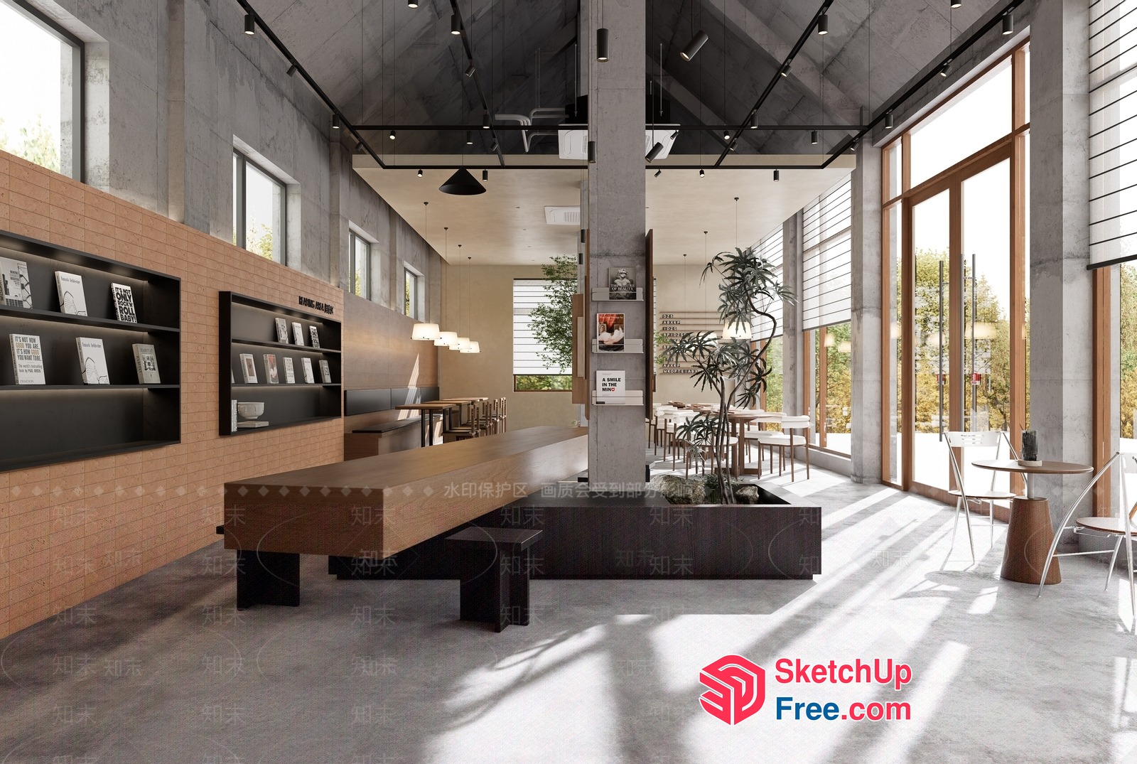 Modern Industrial-Style Cafe Interior With Exposed Beams And High Ceilings 3D SketchUp File