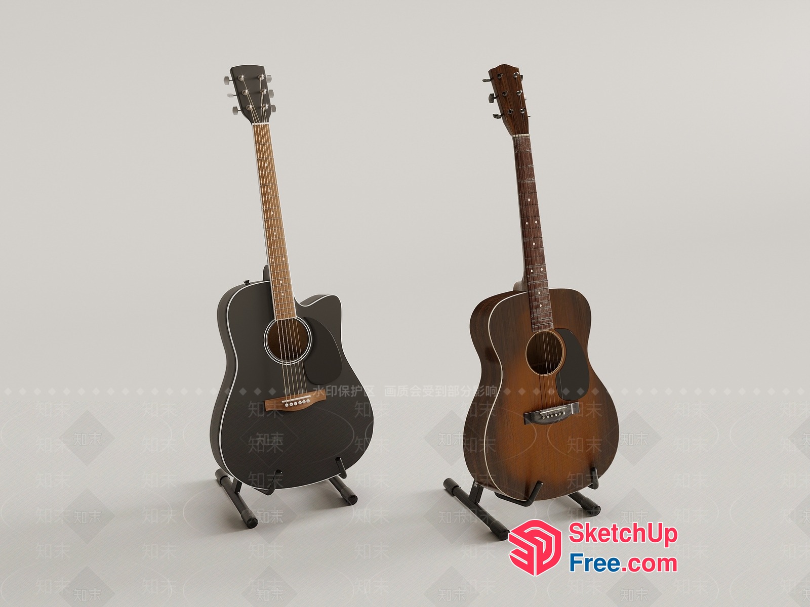 Two Acoustic Guitars On Black Stands 3D SketchUp File