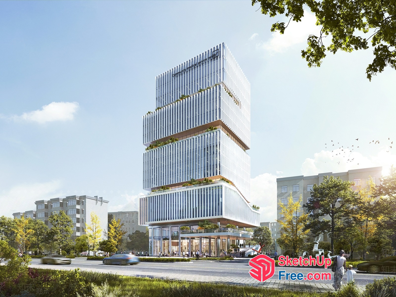 Tall Glass And White Building With Greenery 3D SketchUp File