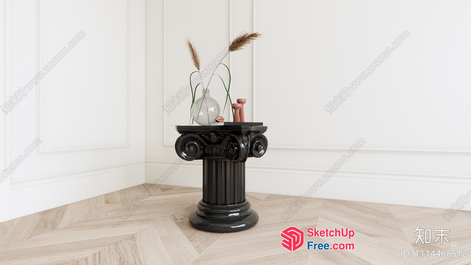 Black Pillar With Glass Vase And Ceramic Vessels On A Wooden Floor 3D SketchUp File