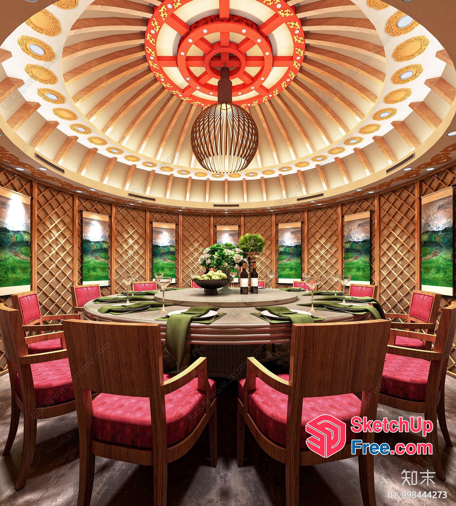 Elegant Dining Room With Circular Table And Ornate Ceiling 3D SketchUp File