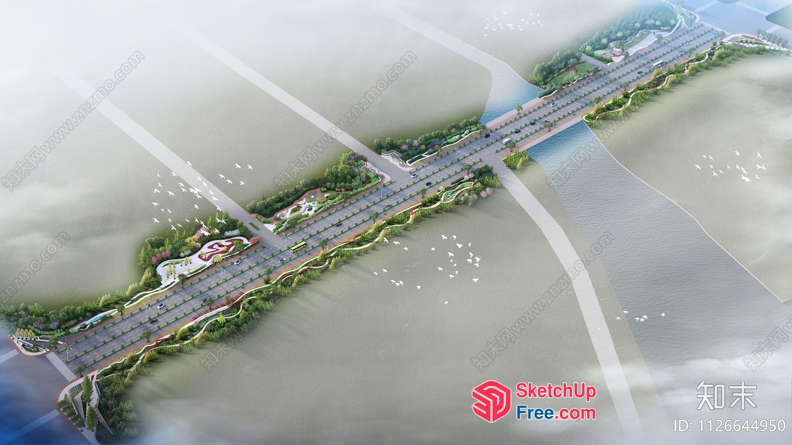 Aerial View Of A Highway And River 3D SketchUp File