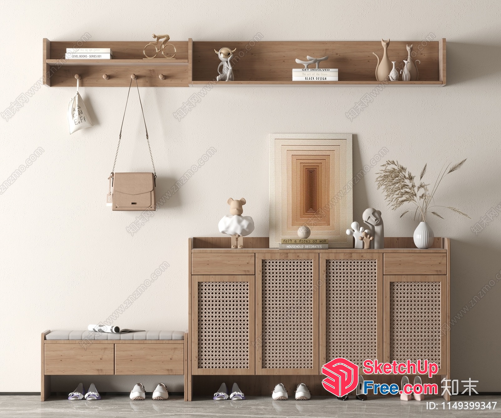 Modern Minimalist Shoe Cabinet With Rattan Doors 3D SketchUp File