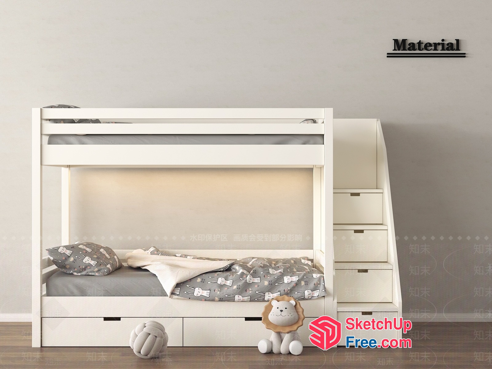 White Bunk Bed With Storage Drawers And Staircase 3D SketchUp File