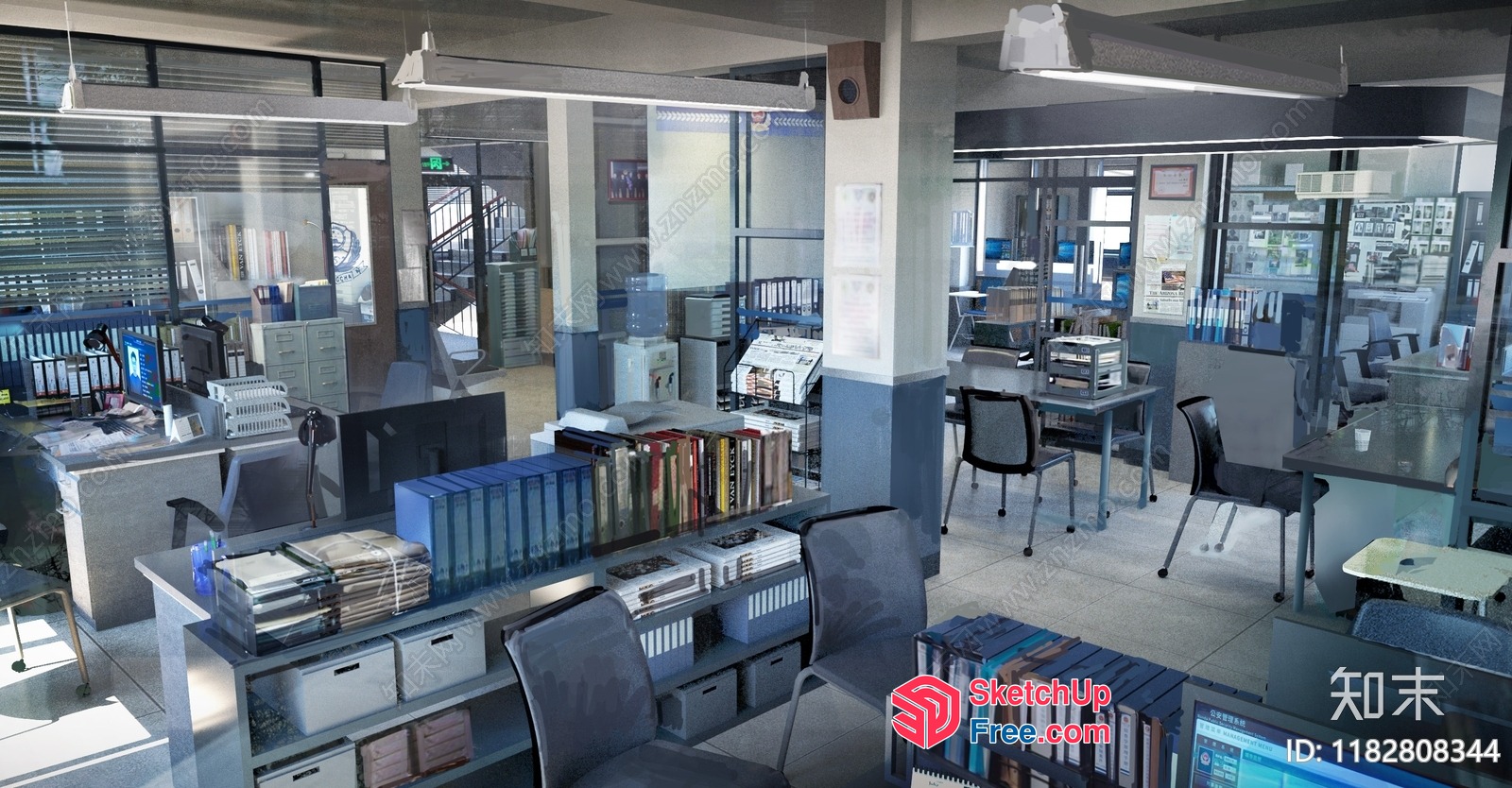 Modern Office Interior With Stairs And Bookshelves 3D SketchUp File