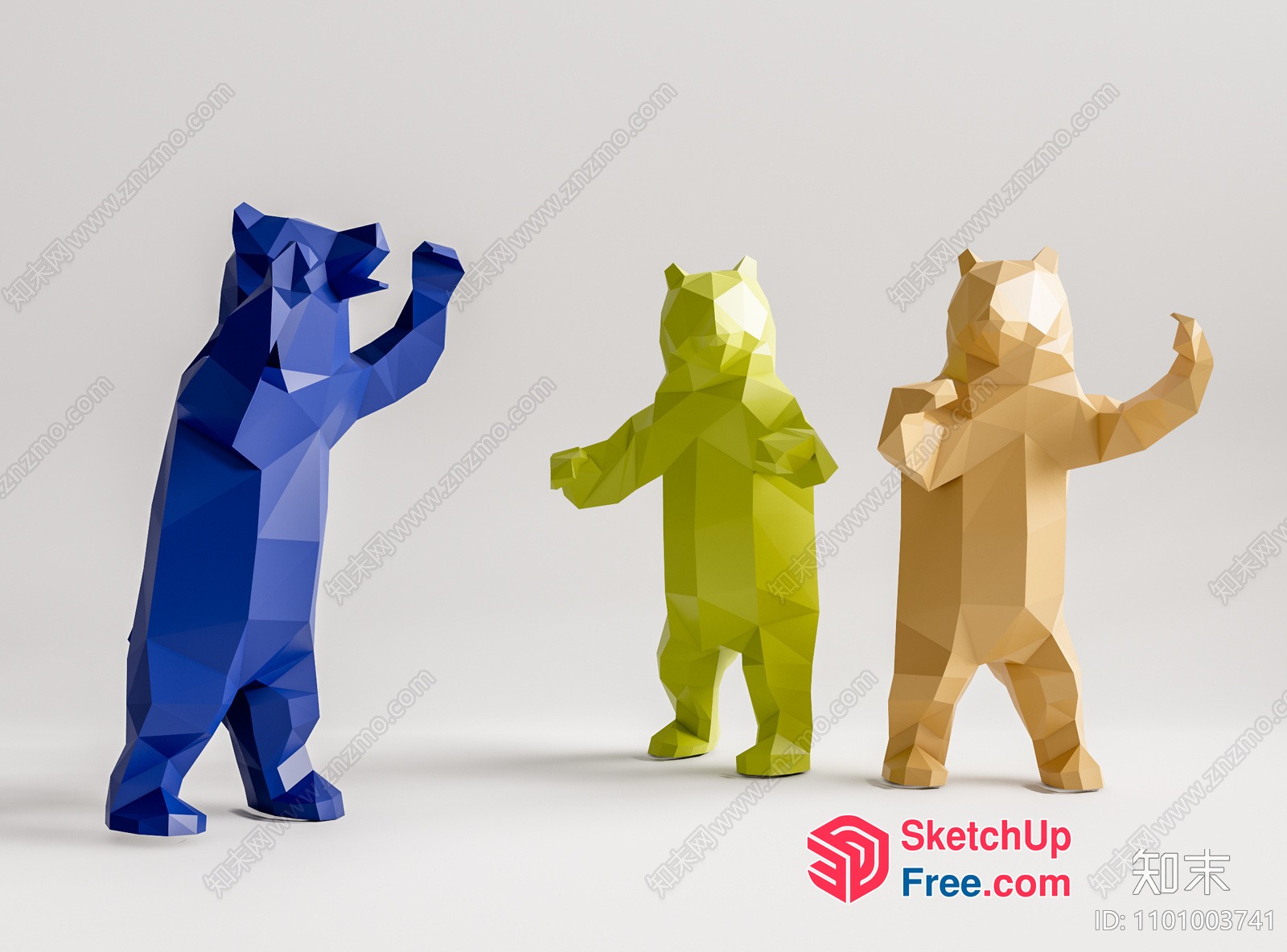 Three Low-Poly Bears In A Row 3D SketchUp File