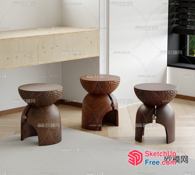 Four Wooden Stools In A Modern Living Room 3D SketchUp File