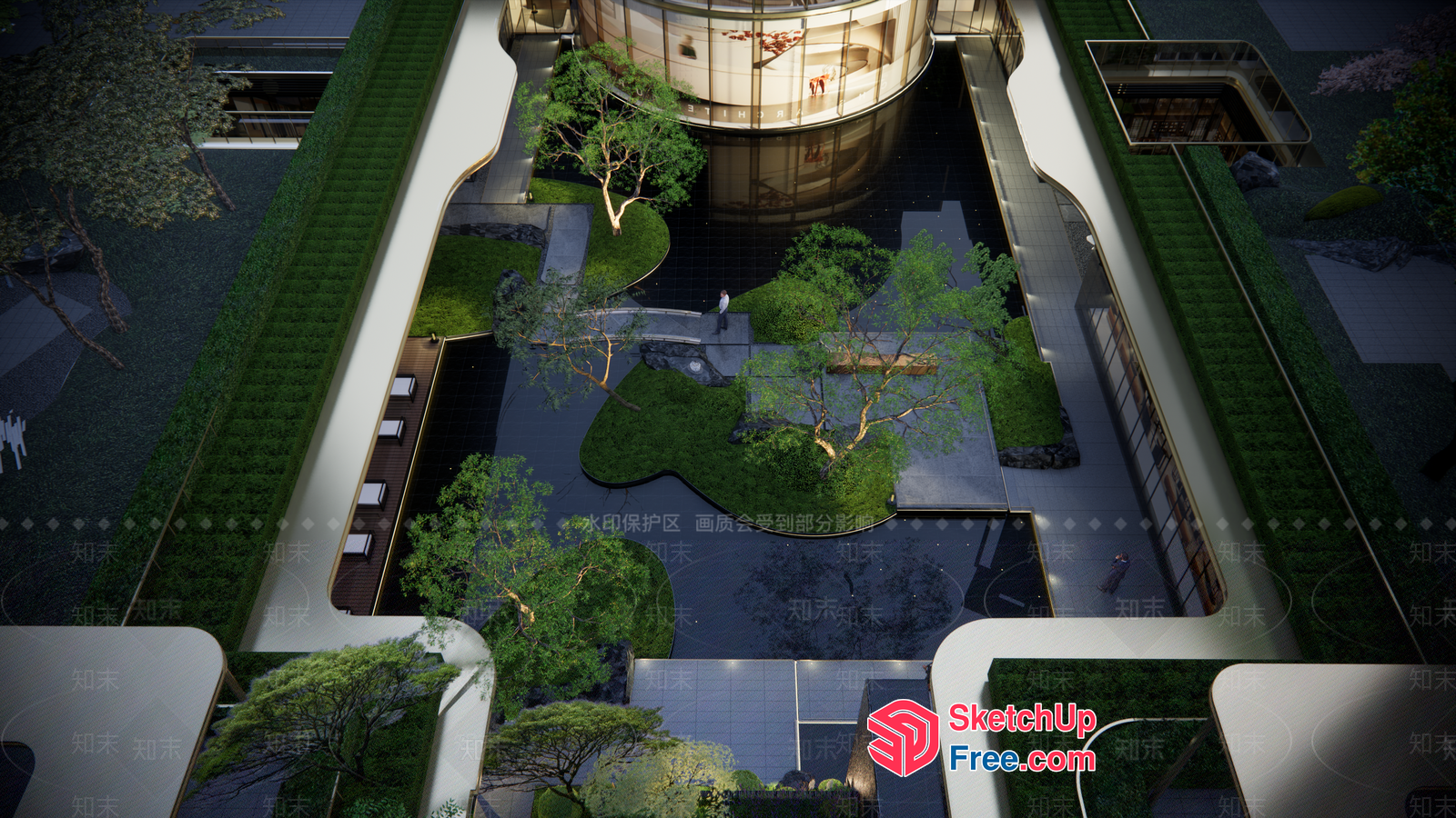 Modern Courtyard With Glass Curtain Wall And Greenery 3D SketchUp File