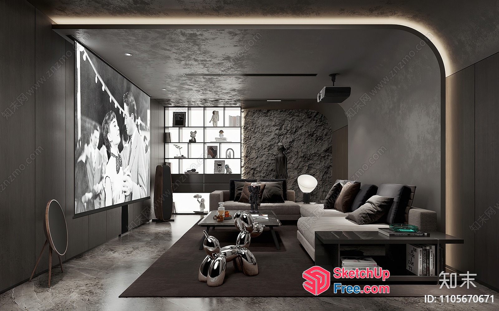 Modern Living Room With Minimalist Style And Dark Color Scheme 3D SketchUp File