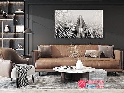 Elegant Modern Living Room With Leather Sofa And Coffee Table 3D SketchUp File