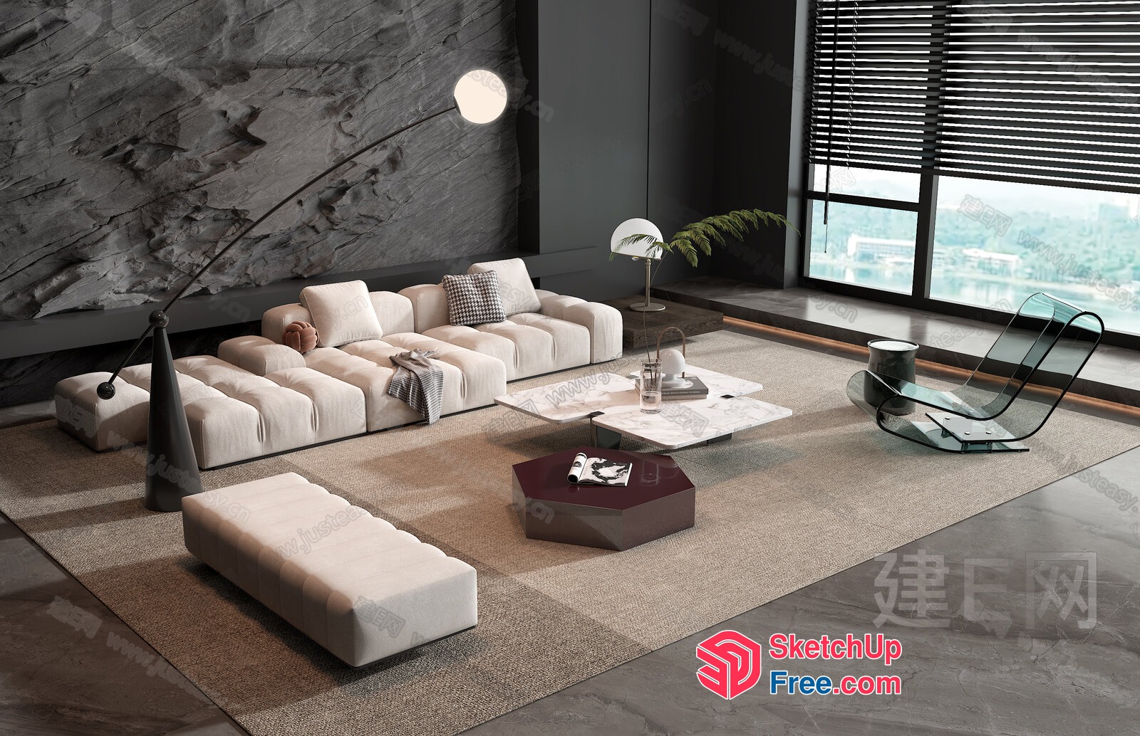 Modern Living Room With White Furniture And Large Window 3D SketchUp File