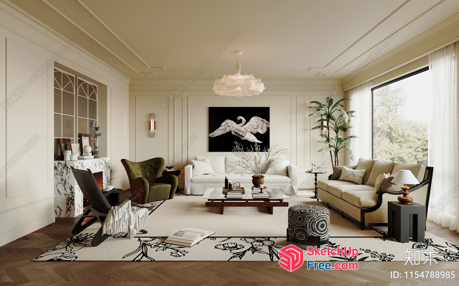 Elegant Living Room With Creamy Style And Classic Moulding 3D SketchUp File