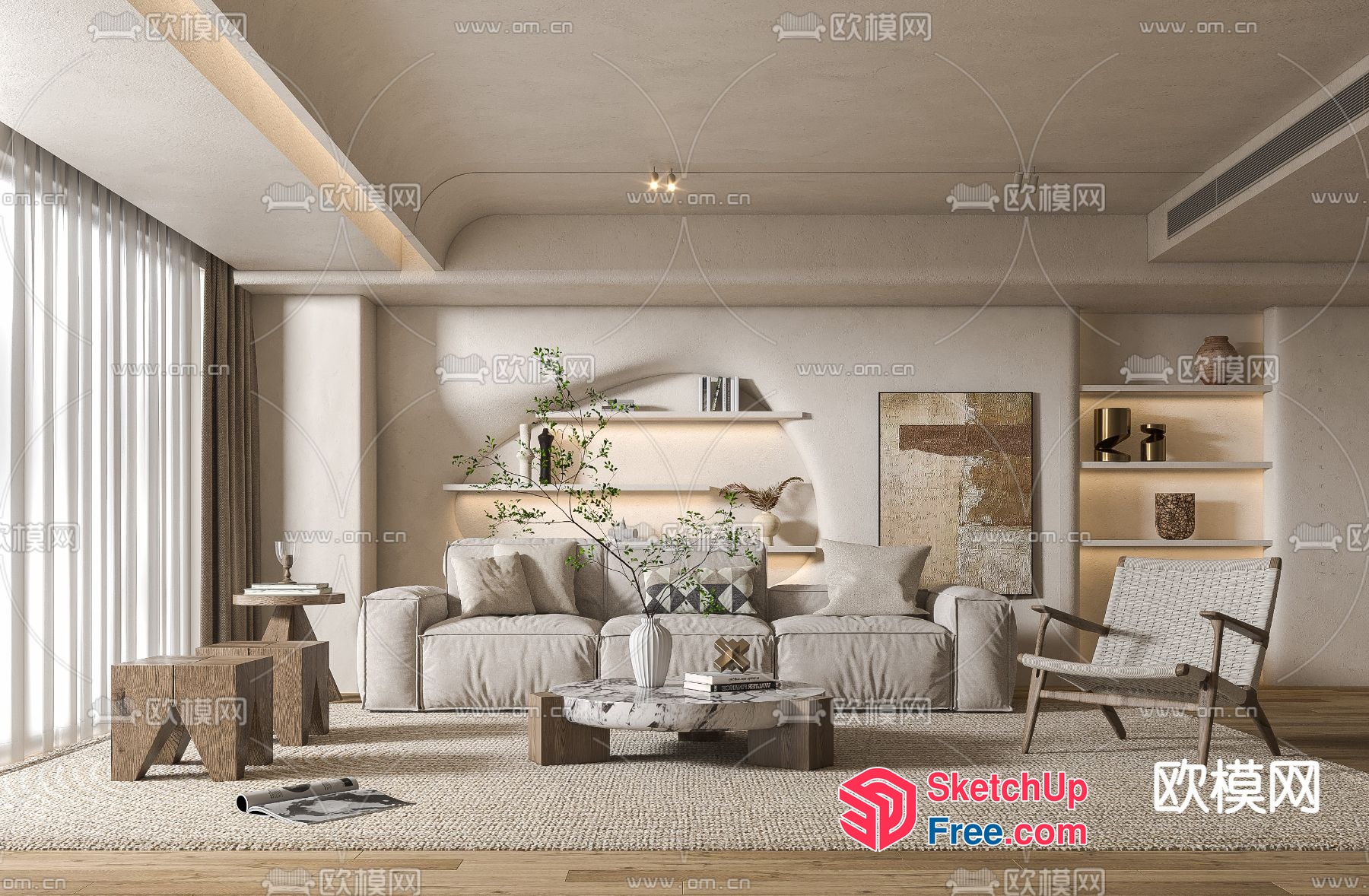 Elegant And Modern Living Room With White Sofa And Coffee Table 3D SketchUp File
