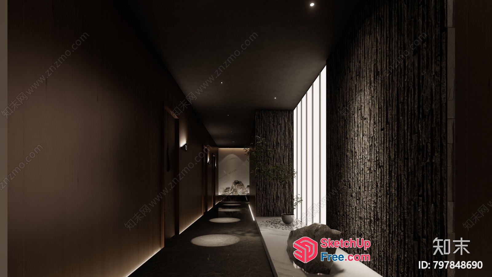 Long Hallway With Pillars And Potted Plants 3D SketchUp File