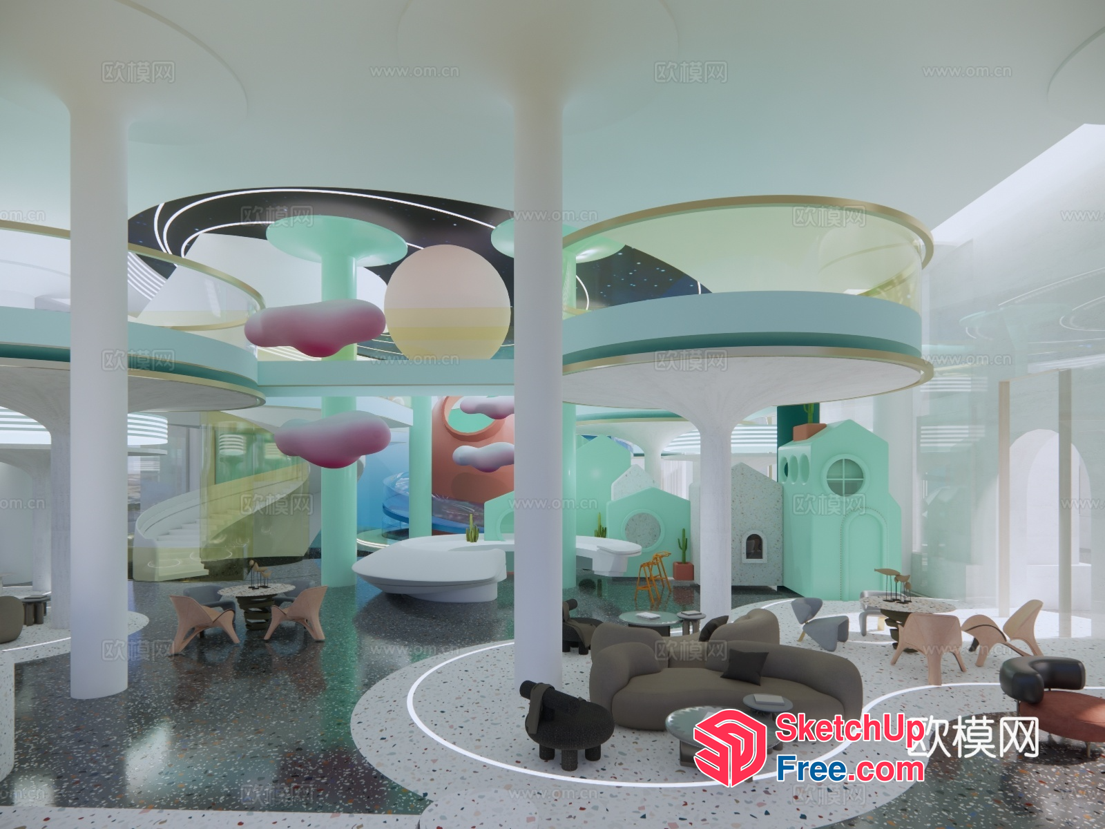 Futuristic Interior Design With Pastel Colors And Unique Shapes 3D SketchUp File