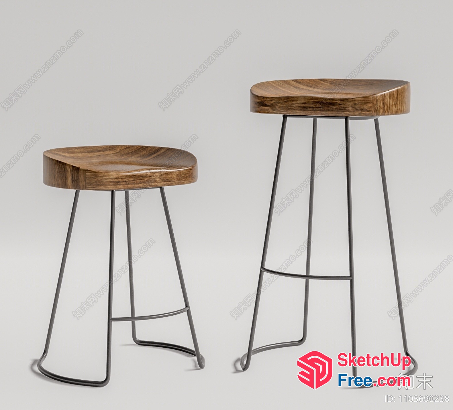 Two Stools With Wooden Seats And Metal Legs 3D SketchUp File