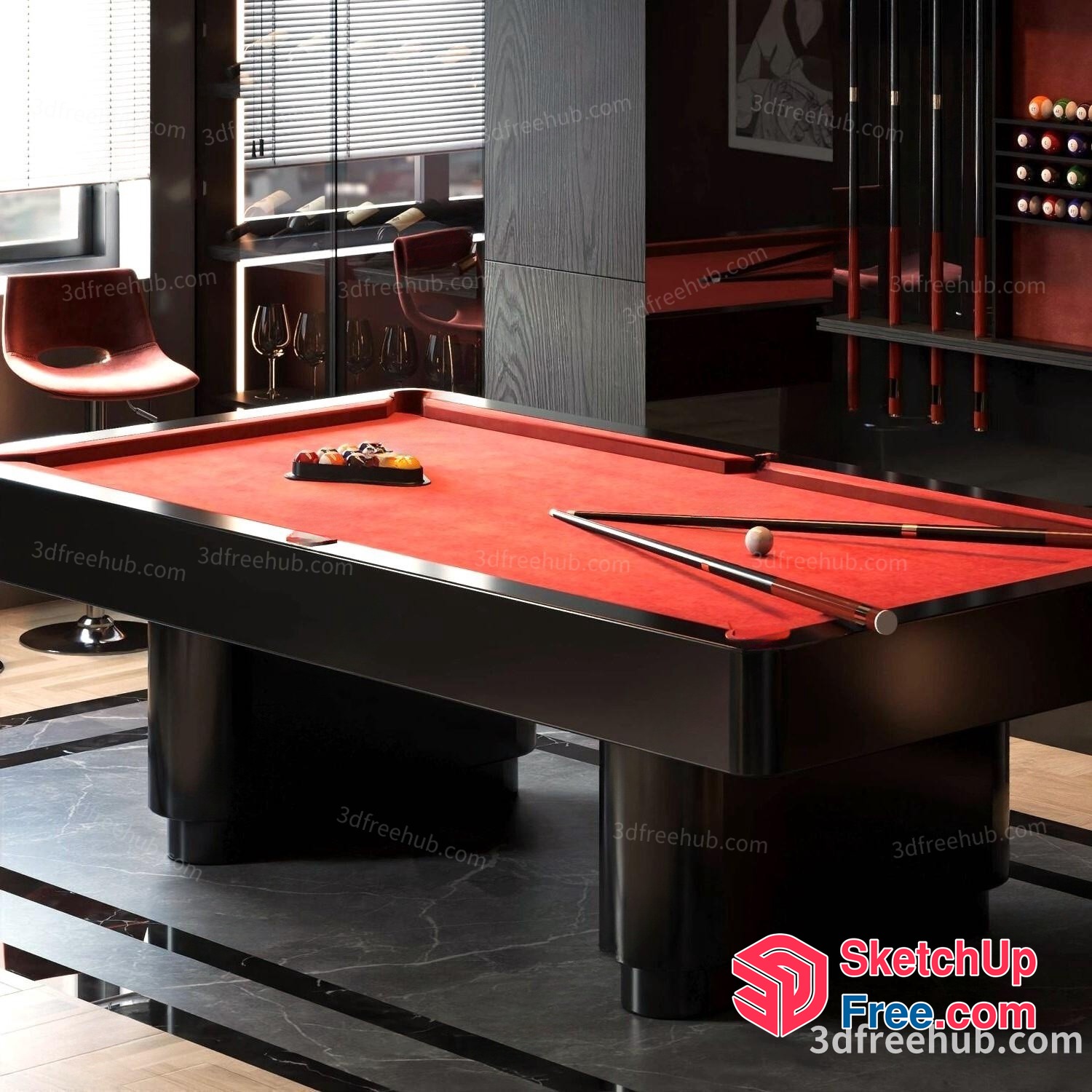 Modern Billiards Table With Elegant Red Carpet 3D SketchUp File