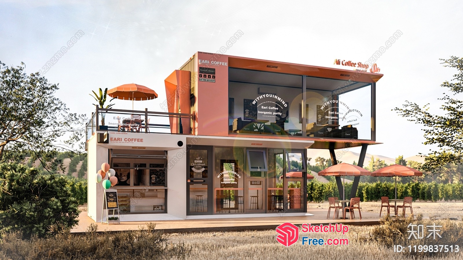 Modern Coffee Shop Exterior With Balcony And Stairs 3D SketchUp File