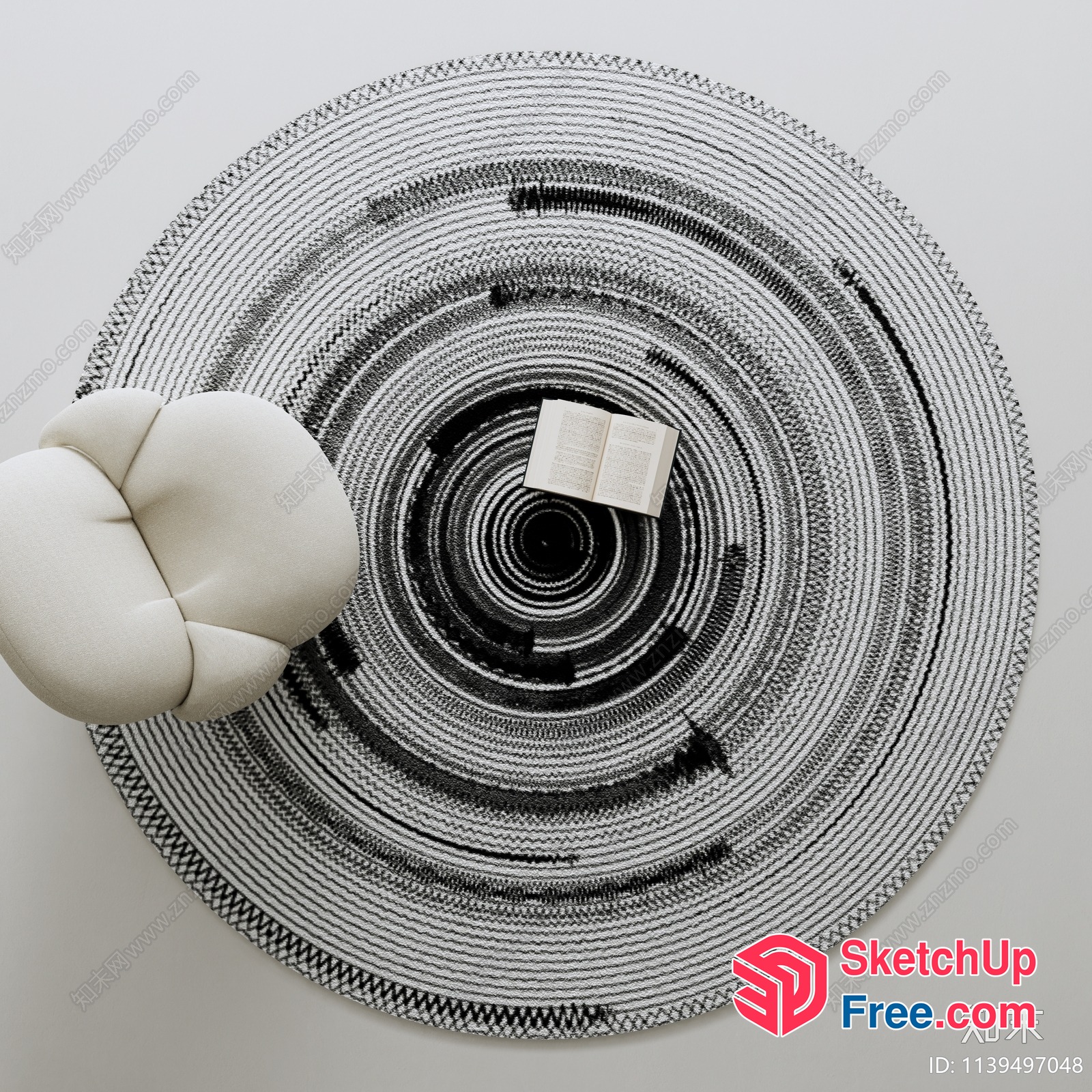 Elegant Black And White Circular Rug With White Chair And Open Book 3D SketchUp File