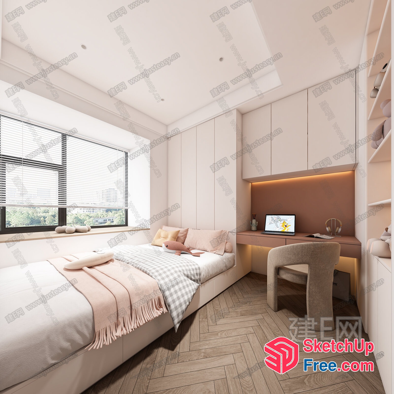 Modern Minimalist Japanese Style Interior Bedroom With Desk And Bed 3D SketchUp File