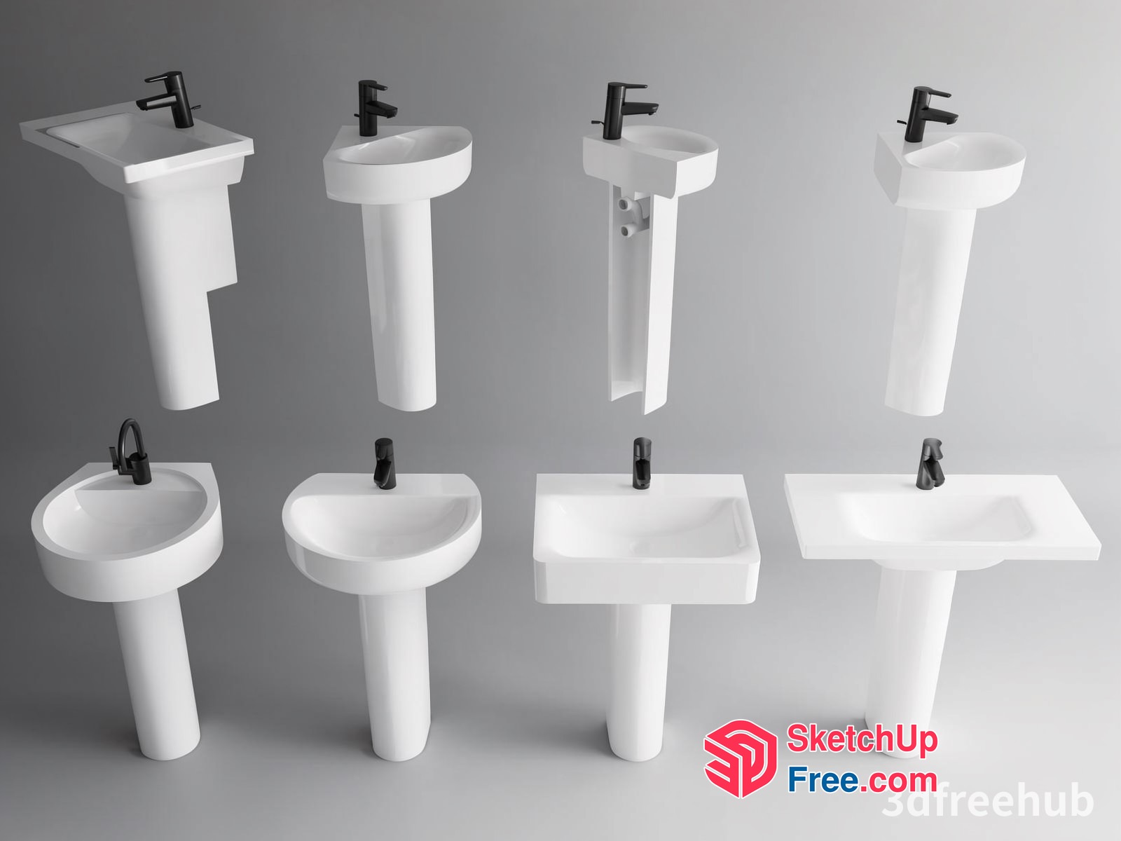 White Pedestal Sinks With Black Faucets 3D SketchUp File