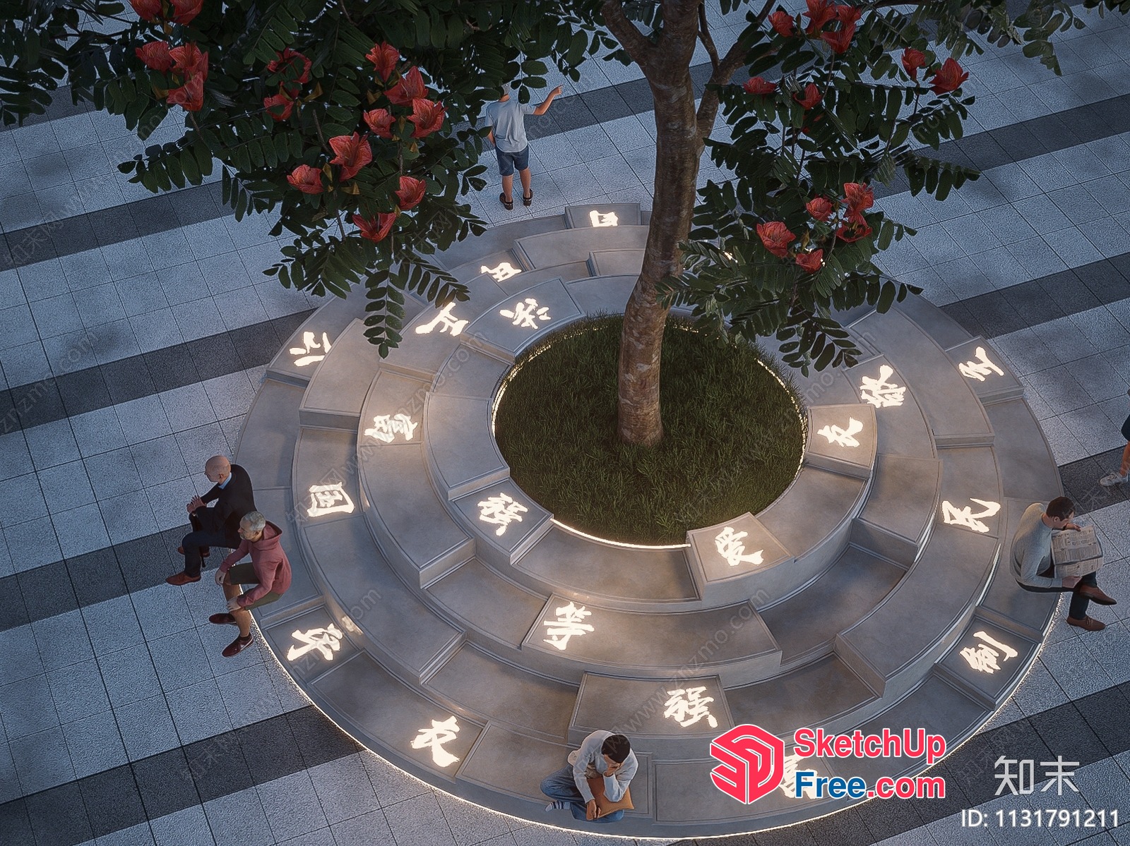 Circular Stone Bench With Chinese Characters And Tree 3D SketchUp File