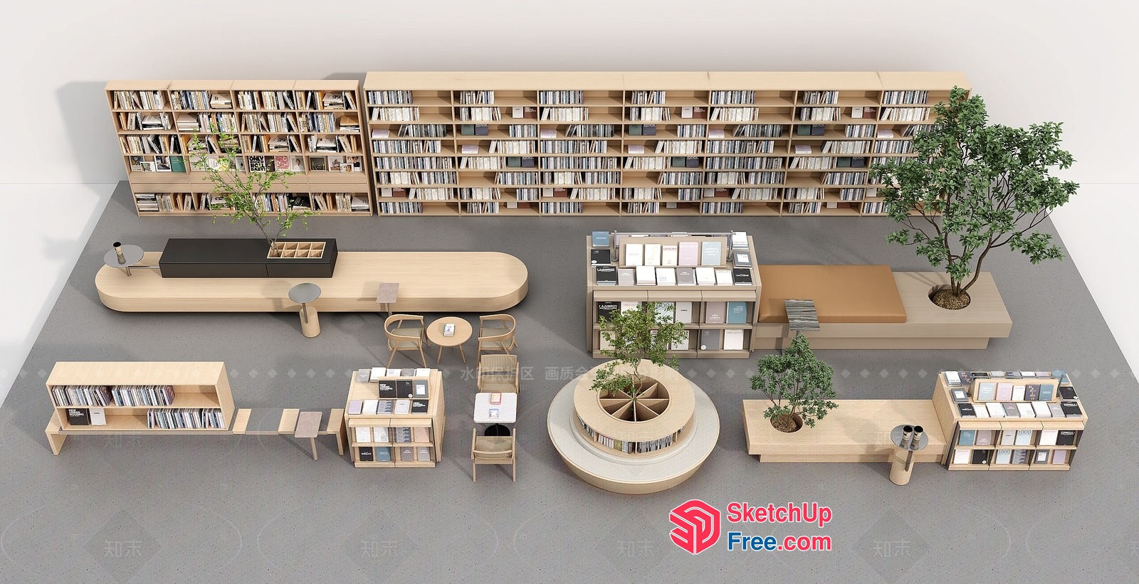 Modern Library Interior With Bookshelves And Seating 3D SketchUp File