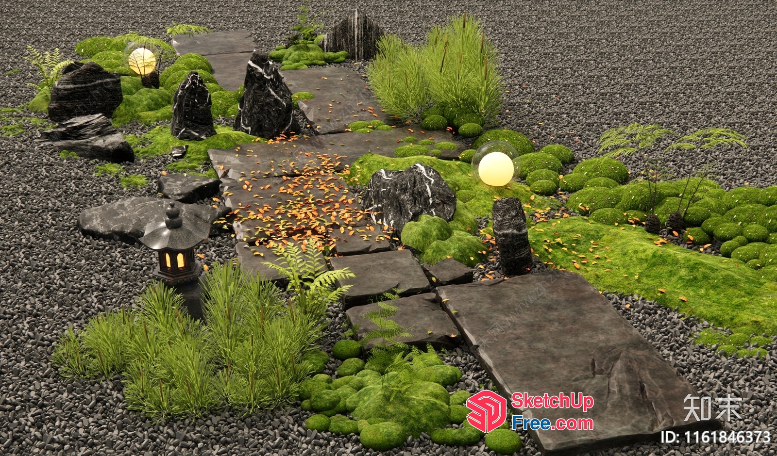 Serene Japanese Garden With Mossy Grounds And Lanterns 3D SketchUp File