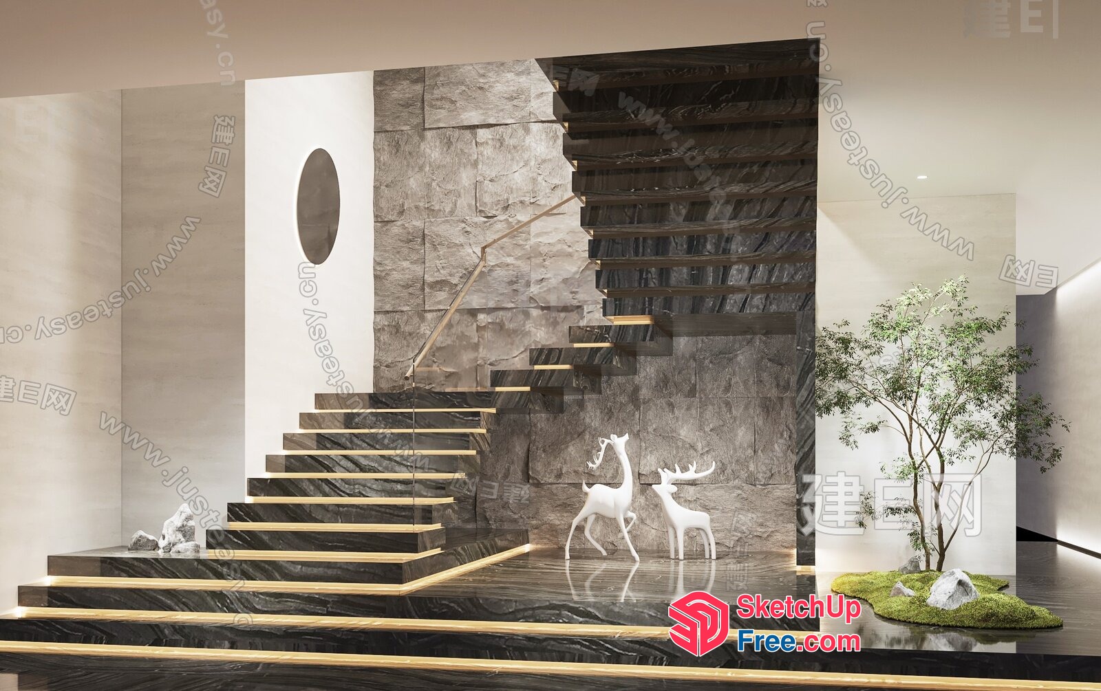Staircase With Two Deer Statues And A Tree 3D SketchUp File