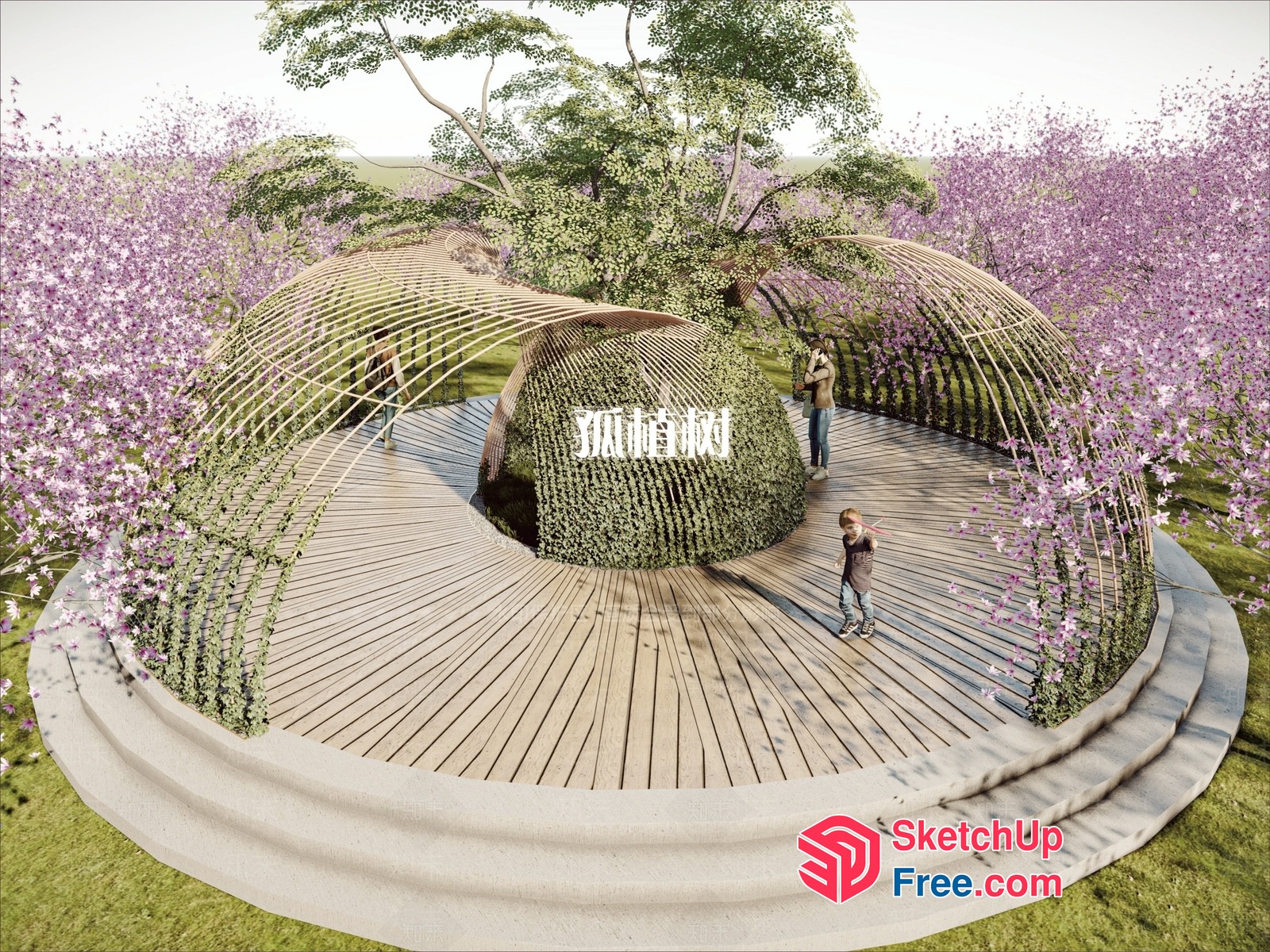 Circular Wooden Deck With Unique Greenery Design 3D SketchUp File