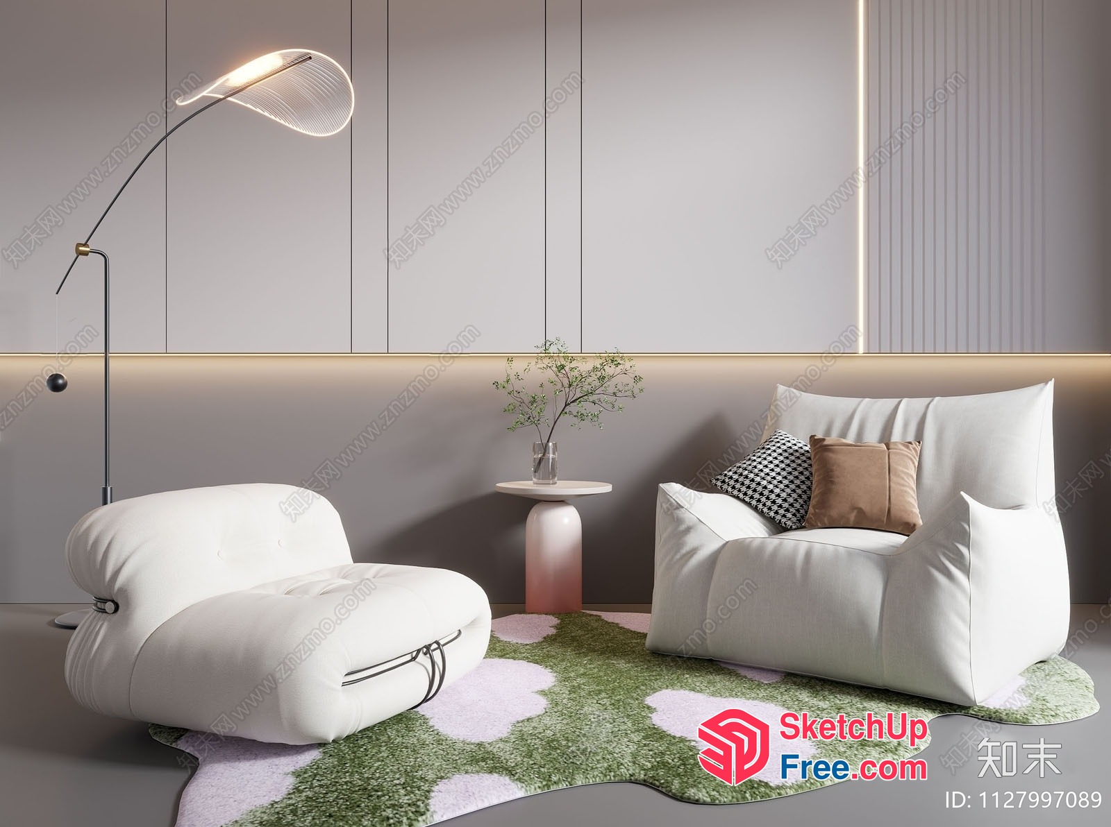 Minimalist Modern Living Room With White Furniture And Green Rug 3D SketchUp File
