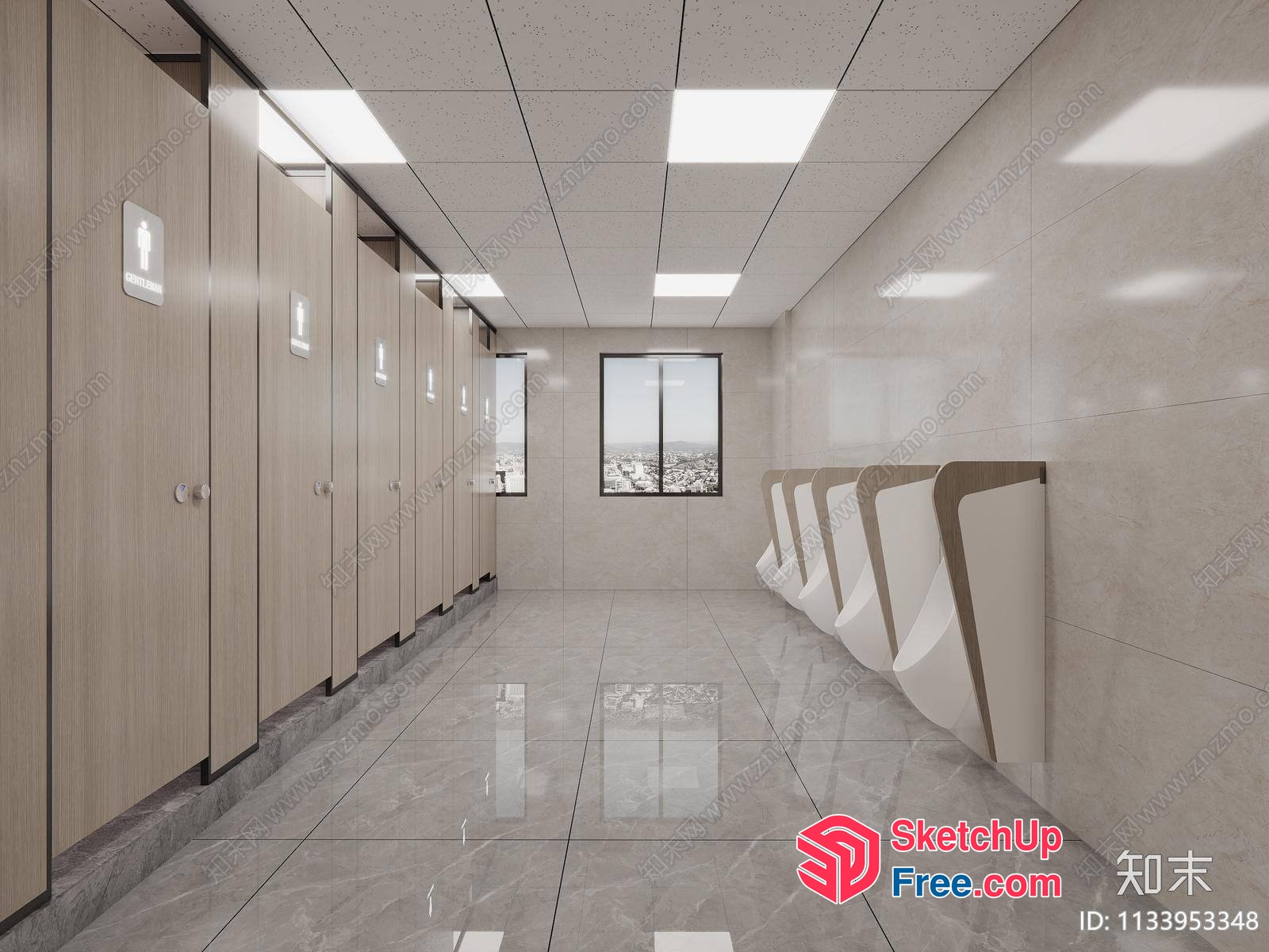 Modern Bathroom Interior With Urinals And Wooden Cabinets 3D SketchUp File