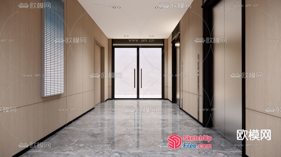 Modern Interior Hallway With Elevator And Doors 3D SketchUp File