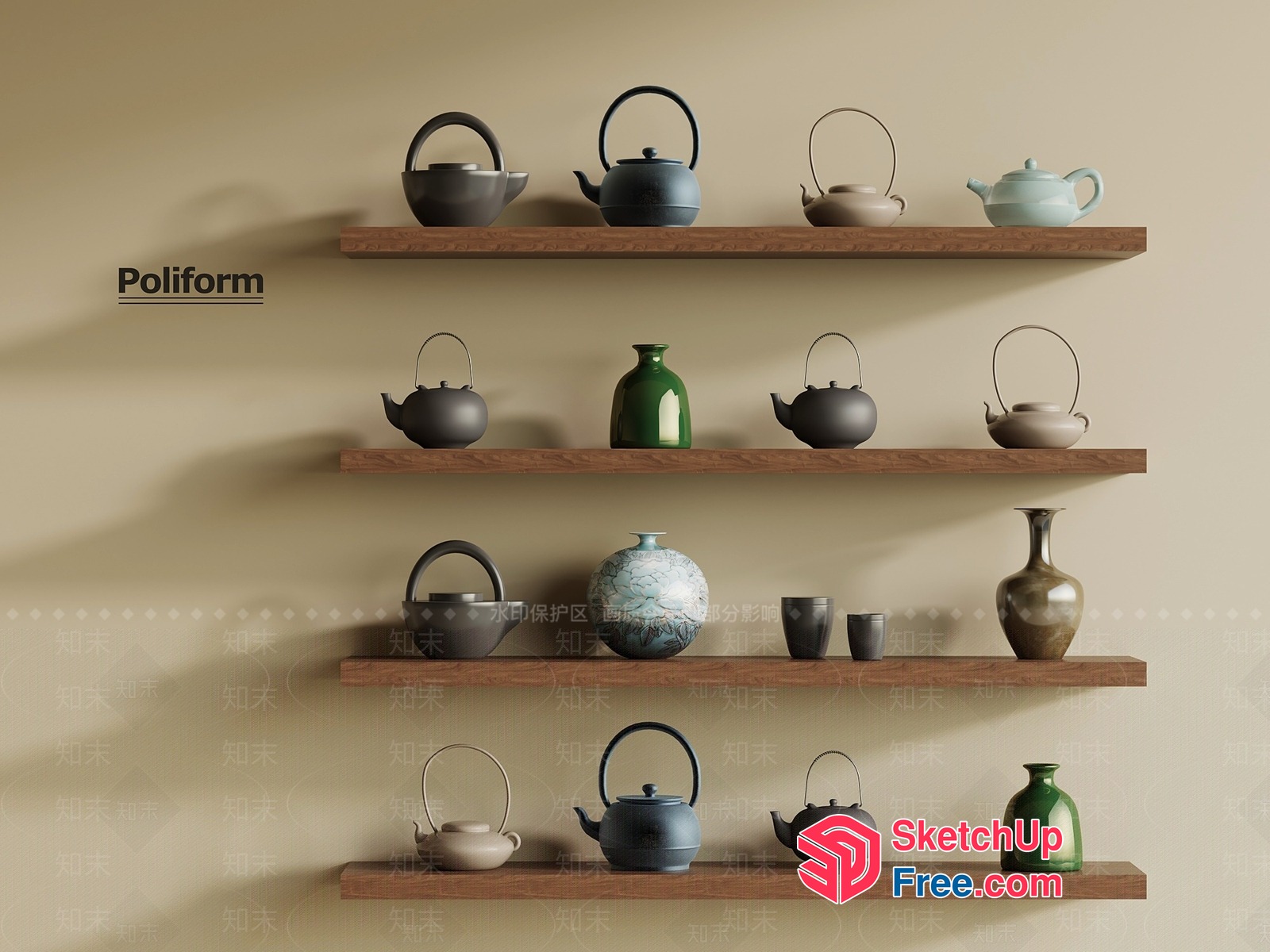 Poliform Teapots And Vases On Shelves 3D SketchUp File