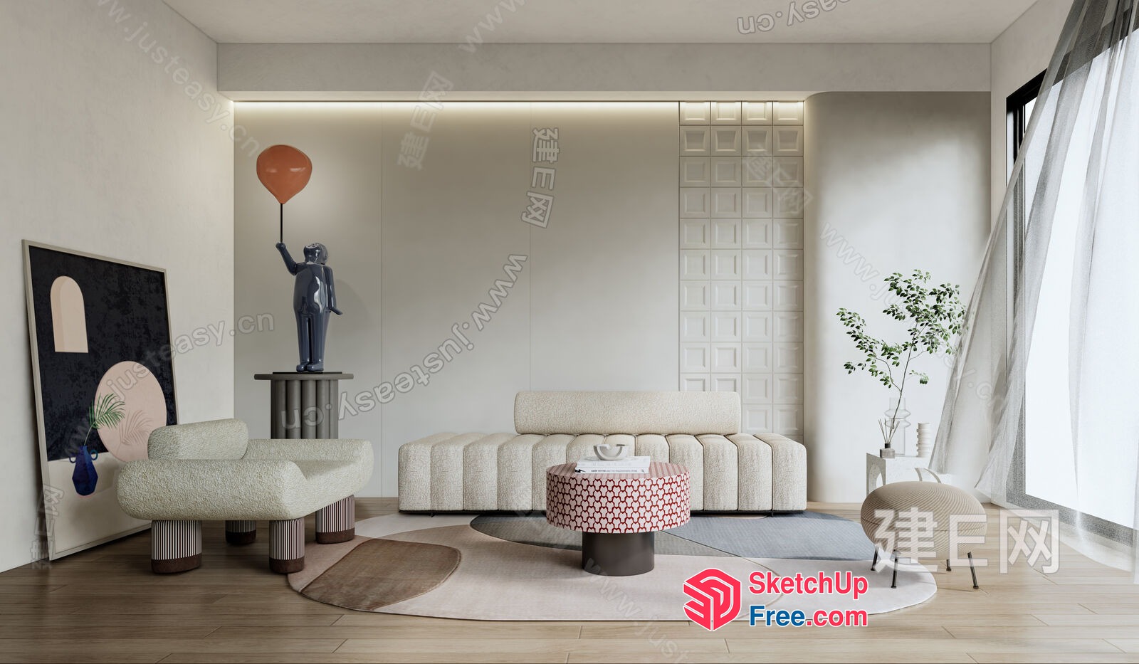 Modern Minimalist Living Room With Creamy Style Furniture 3D SketchUp File