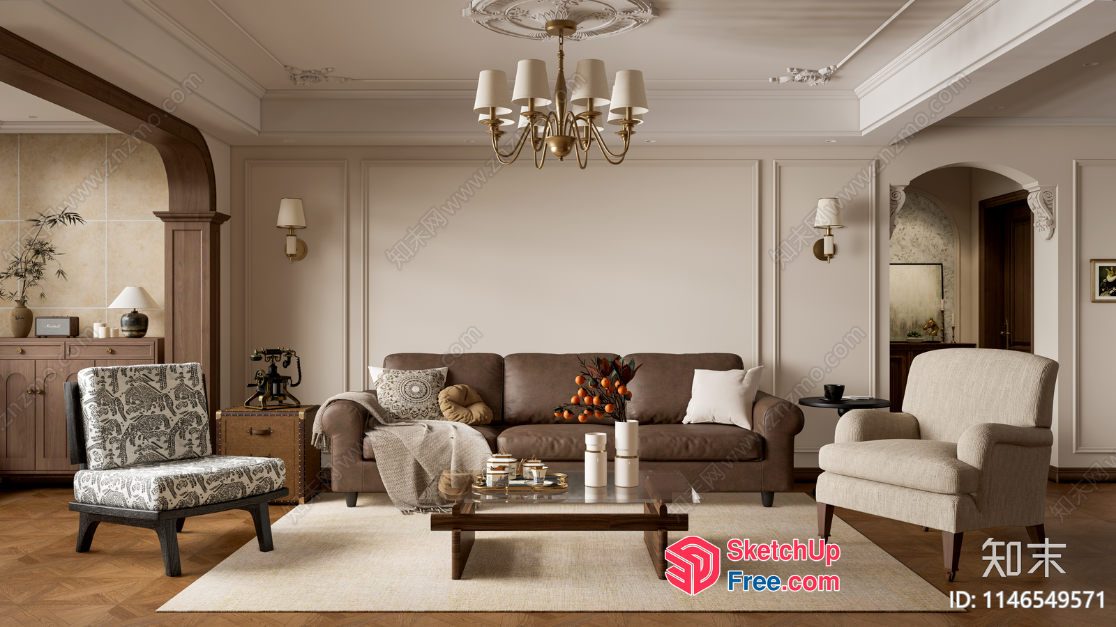 Elegant Living Room With Classic Moulding And Comfortable Seating 3D SketchUp File