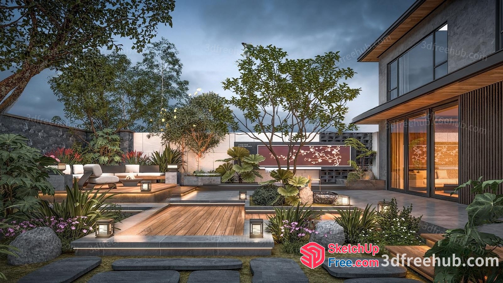 Modern Outdoor Space With Wood Deck And Potted Plants 3D SketchUp File
