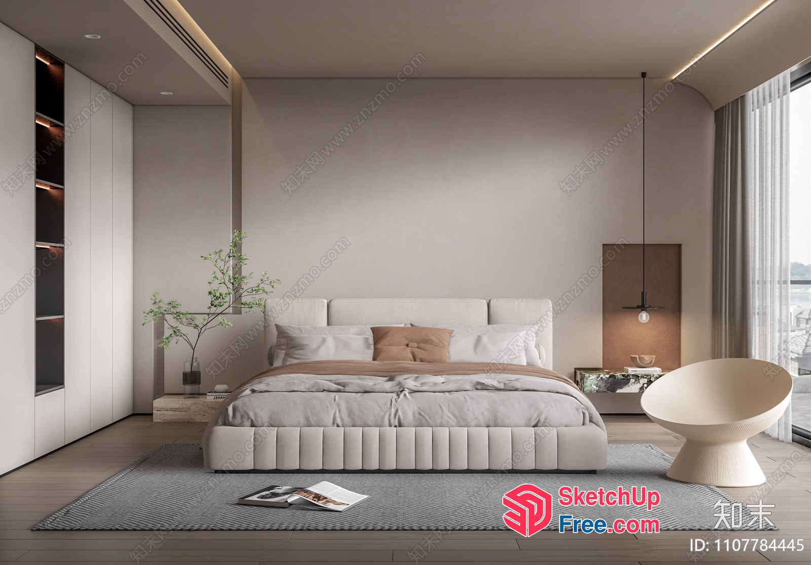 Modern Minimalist Japanese-Style Bedroom With Neutral Colors And Natural Light 3D SketchUp File