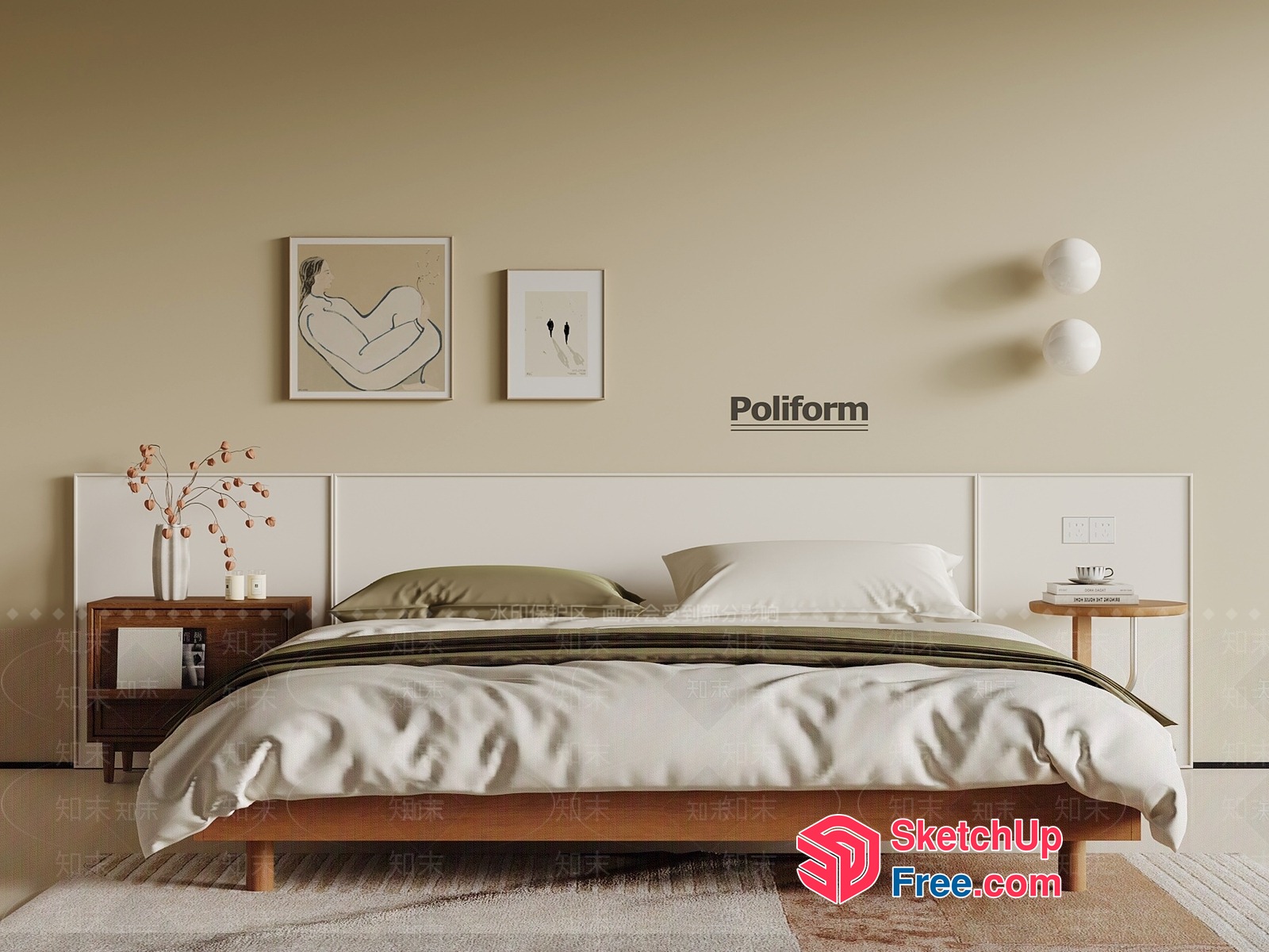 Minimalist Bedroom With Creamy Style Decor 3D SketchUp File