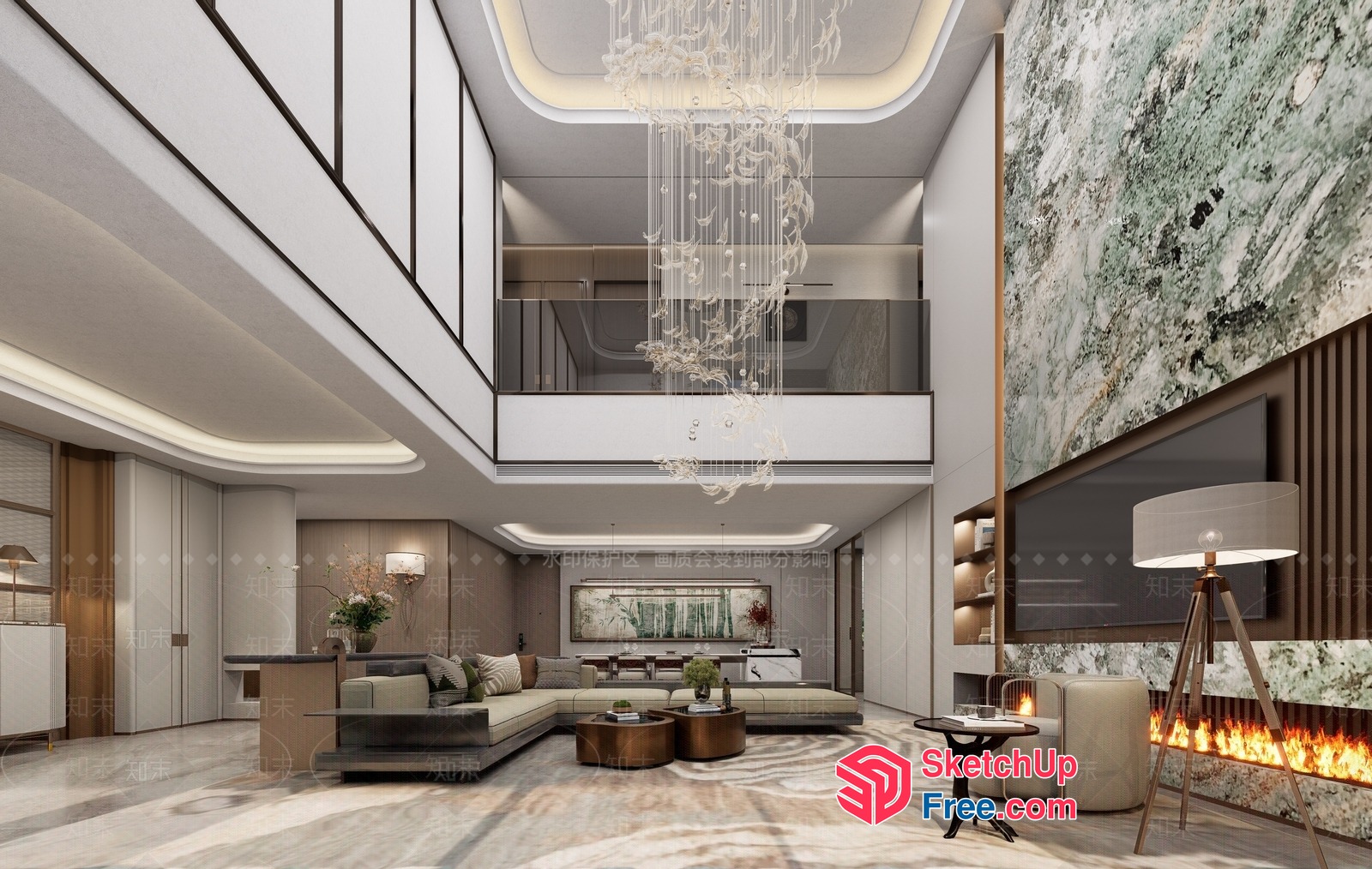 Luxurious Modern Living Room With High Ceiling And Fireplace 3D SketchUp File