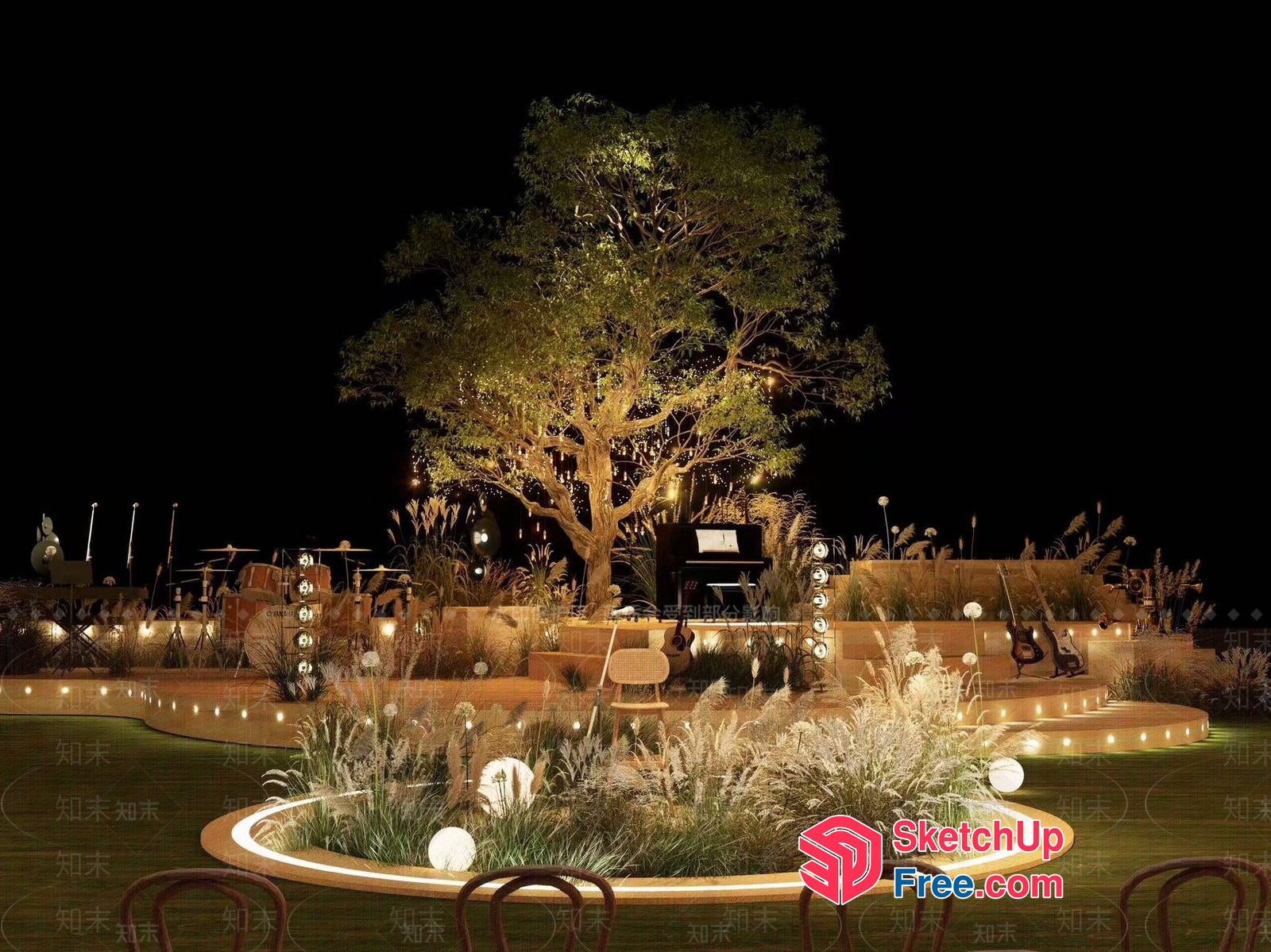 Outdoor Stage With Elegant Tree And Lighting 3D SketchUp File