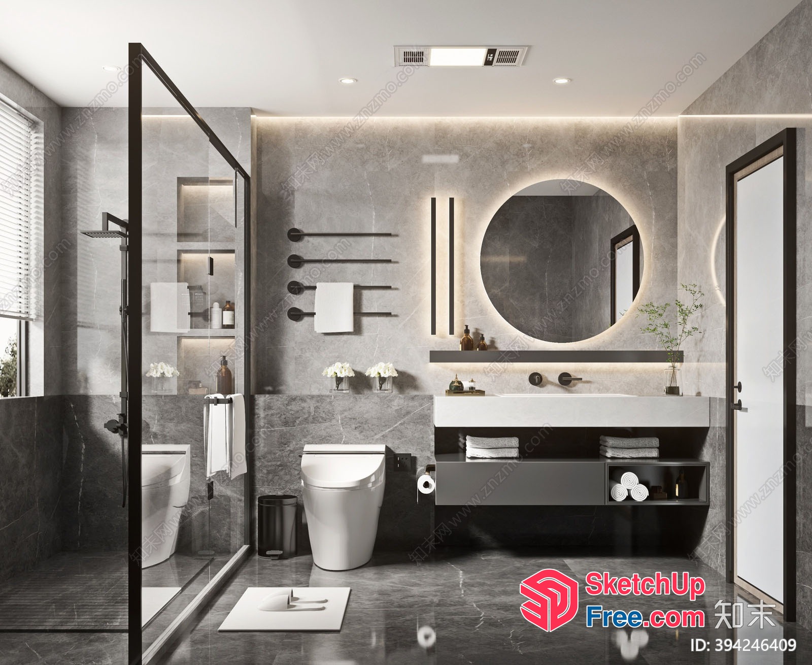 Modern Bathroom Interior With Sleek Fixtures And Gray Marble 3D SketchUp File