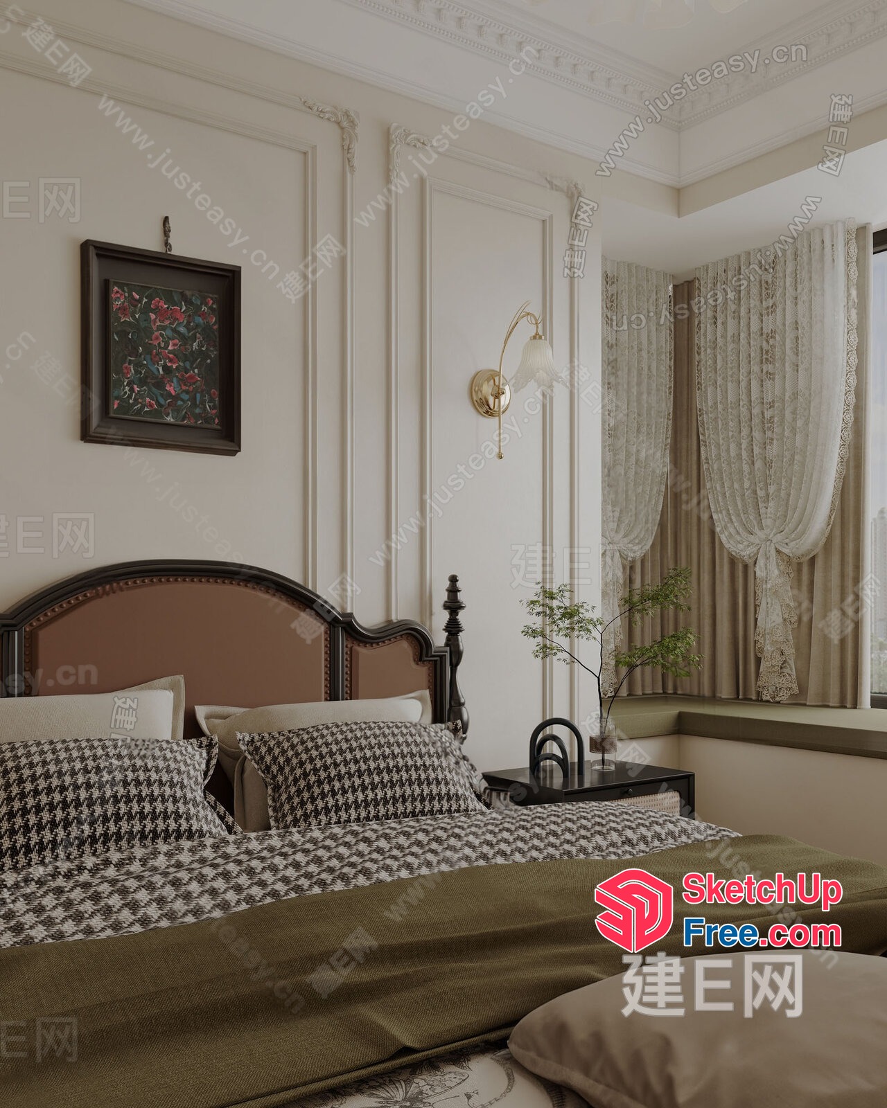 Elegant Creamy Style Bedroom With Vintage Decor 3D SketchUp File